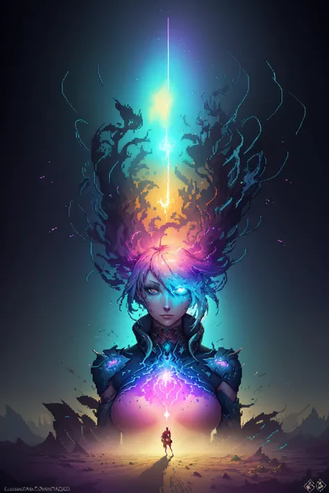 pixel art, watercolor, hdr, chromatic aberration, anton fadeev, carne griffiths, cosmic cacophony in the sands, woman