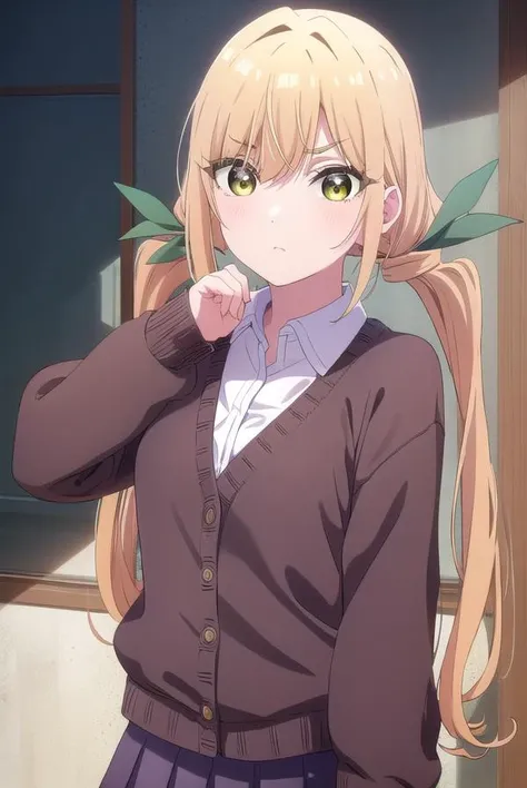 karaneinda, <lora:karane inda s1-lora-nochekaiser:1>,
karane inda, long hair, bangs, blonde hair, twintails, very long hair, hair ribbon, (yellow eyes:1.3), low twintails, frown, angry,
BREAK skirt, shirt, long sleeves, school uniform, white shirt, pleated skirt, collared shirt, black skirt, cardigan,
BREAK indoors, classroom,
BREAK looking at viewer, (cowboy shot:1.5),
BREAK <lyco:GoodHands-beta2:1>, (masterpiece:1.2), best quality, high resolution, unity 8k wallpaper, (illustration:0.8), (beautiful detailed eyes:1.6), extremely detailed face, perfect lighting, extremely detailed CG, (perfect hands, perfect anatomy),