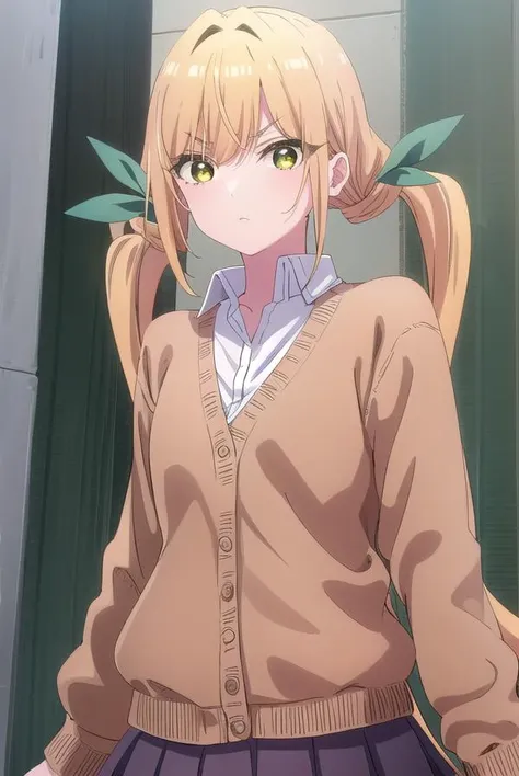 karaneinda, <lora:karane inda s1-lora-nochekaiser:1>,
karane inda, long hair, bangs, blonde hair, twintails, very long hair, hair ribbon, (yellow eyes:1.3), low twintails, frown, angry,
BREAK skirt, shirt, long sleeves, school uniform, white shirt, pleated skirt, collared shirt, black skirt, cardigan,
BREAK indoors, classroom,
BREAK looking at viewer, (cowboy shot:1.5),
BREAK <lyco:GoodHands-beta2:1>, (masterpiece:1.2), best quality, high resolution, unity 8k wallpaper, (illustration:0.8), (beautiful detailed eyes:1.6), extremely detailed face, perfect lighting, extremely detailed CG, (perfect hands, perfect anatomy),