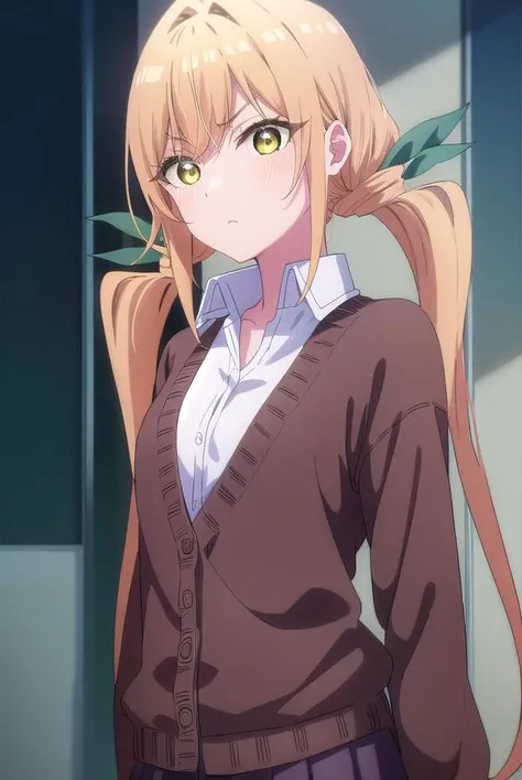karaneinda, <lora:karane inda s1-lora-nochekaiser:1>,
karane inda, long hair, bangs, blonde hair, twintails, very long hair, hair ribbon, (yellow eyes:1.3), low twintails, frown, angry,
BREAK skirt, shirt, long sleeves, school uniform, white shirt, pleated skirt, collared shirt, black skirt, cardigan,
BREAK indoors, classroom,
BREAK looking at viewer, (cowboy shot:1.5),
BREAK <lyco:GoodHands-beta2:1>, (masterpiece:1.2), best quality, high resolution, unity 8k wallpaper, (illustration:0.8), (beautiful detailed eyes:1.6), extremely detailed face, perfect lighting, extremely detailed CG, (perfect hands, perfect anatomy),