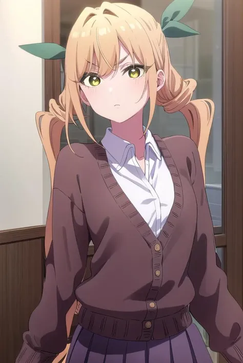 karaneinda, <lora:karane inda s1-lora-nochekaiser:1>,
karane inda, long hair, bangs, blonde hair, twintails, very long hair, hair ribbon, (yellow eyes:1.3), low twintails, frown, angry,
BREAK skirt, shirt, long sleeves, school uniform, white shirt, pleated skirt, collared shirt, black skirt, cardigan,
BREAK indoors, classroom,
BREAK looking at viewer, (cowboy shot:1.5),
BREAK <lyco:GoodHands-beta2:1>, (masterpiece:1.2), best quality, high resolution, unity 8k wallpaper, (illustration:0.8), (beautiful detailed eyes:1.6), extremely detailed face, perfect lighting, extremely detailed CG, (perfect hands, perfect anatomy),