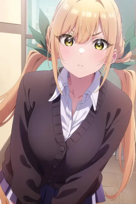 karaneinda, <lora:karane inda s1-lora-nochekaiser:1>,
karane inda, long hair, bangs, blonde hair, twintails, very long hair, hair ribbon, (yellow eyes:1.3), low twintails, frown, angry,
BREAK skirt, shirt, long sleeves, school uniform, white shirt, pleated skirt, collared shirt, black skirt, cardigan,
BREAK indoors, classroom,
BREAK looking at viewer, (cowboy shot:1.5),
BREAK <lyco:GoodHands-beta2:1>, (masterpiece:1.2), best quality, high resolution, unity 8k wallpaper, (illustration:0.8), (beautiful detailed eyes:1.6), extremely detailed face, perfect lighting, extremely detailed CG, (perfect hands, perfect anatomy),