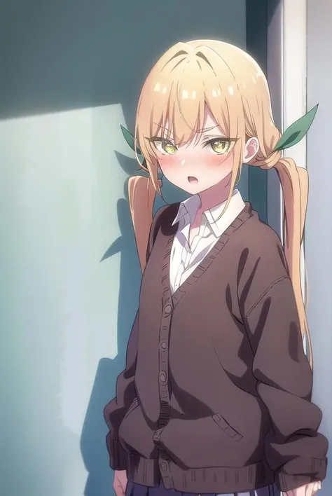 karaneinda, <lora:karaneinda-lora-nochekaiser:0.8>,
karane inda, blonde hair, (yellow eyes:1.5), hair ribbon, twintails, low twintails, long hair, (green ribbon:1.2), <lora:gekioko_v200:1>, open mouth, <lora:yudedako_noline_cheek_v100:1>, embarrassed,
BREAK skirt, shirt, school uniform, white shirt, pleated skirt, cardigan, white shirt, collar, black skirt, brown cardigan, long sleeves,
BREAK looking at viewer,
BREAK indoors, classroom, (cowboy shot:1.5),
BREAK <lyco:GoodHands-beta2:1>, (masterpiece:1.2), best quality, high resolution, unity 8k wallpaper, (illustration:0.8), (beautiful detailed eyes:1.6), extremely detailed face, perfect lighting, extremely detailed CG, (perfect hands, perfect anatomy),