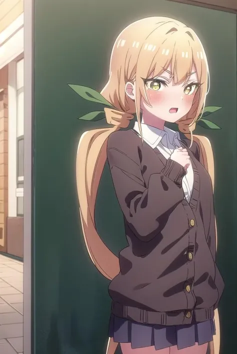 karaneinda, <lora:karaneinda-lora-nochekaiser:0.8>,
karane inda, blonde hair, (yellow eyes:1.5), hair ribbon, twintails, low twintails, long hair, (green ribbon:1.2), <lora:gekioko_v200:1>, open mouth, <lora:yudedako_noline_cheek_v100:1>, embarrassed,
BREAK skirt, shirt, school uniform, white shirt, pleated skirt, cardigan, white shirt, collar, black skirt, brown cardigan, long sleeves,
BREAK looking at viewer,
BREAK indoors, classroom, (cowboy shot:1.5),
BREAK <lyco:GoodHands-beta2:1>, (masterpiece:1.2), best quality, high resolution, unity 8k wallpaper, (illustration:0.8), (beautiful detailed eyes:1.6), extremely detailed face, perfect lighting, extremely detailed CG, (perfect hands, perfect anatomy),