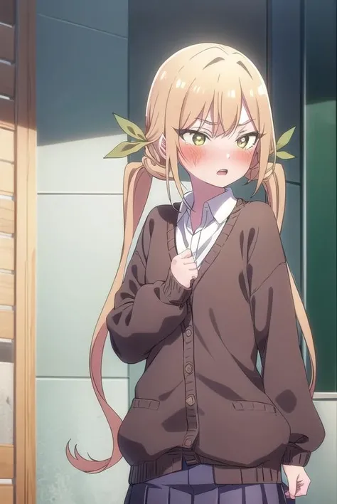 karaneinda, <lora:karaneinda-lora-nochekaiser:0.8>,
karane inda, blonde hair, (yellow eyes:1.5), hair ribbon, twintails, low twintails, long hair, (green ribbon:1.2), <lora:gekioko_v200:1>, open mouth, <lora:yudedako_noline_cheek_v100:1>, embarrassed,
BREAK skirt, shirt, school uniform, white shirt, pleated skirt, cardigan, white shirt, collar, black skirt, brown cardigan, long sleeves,
BREAK looking at viewer,
BREAK indoors, classroom, (cowboy shot:1.5),
BREAK <lyco:GoodHands-beta2:1>, (masterpiece:1.2), best quality, high resolution, unity 8k wallpaper, (illustration:0.8), (beautiful detailed eyes:1.6), extremely detailed face, perfect lighting, extremely detailed CG, (perfect hands, perfect anatomy),