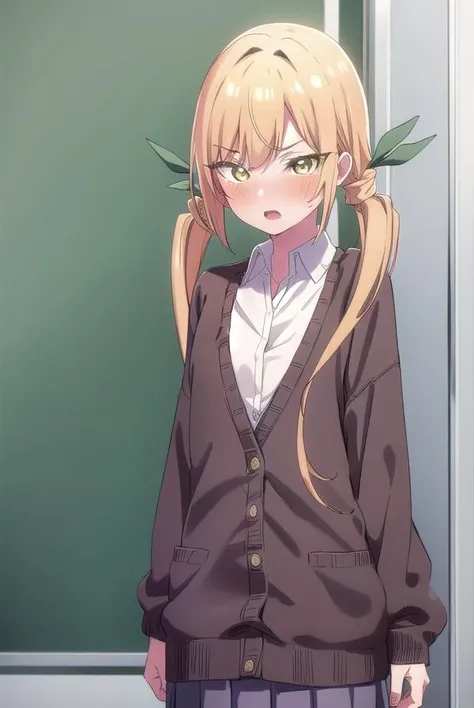 karaneinda, <lora:karaneinda-lora-nochekaiser:0.8>,
karane inda, blonde hair, (yellow eyes:1.5), hair ribbon, twintails, low twintails, long hair, (green ribbon:1.2), <lora:gekioko_v200:1>, open mouth, <lora:yudedako_noline_cheek_v100:1>, embarrassed,
BREAK skirt, shirt, school uniform, white shirt, pleated skirt, cardigan, white shirt, collar, black skirt, brown cardigan, long sleeves,
BREAK looking at viewer,
BREAK indoors, classroom, (cowboy shot:1.5),
BREAK <lyco:GoodHands-beta2:1>, (masterpiece:1.2), best quality, high resolution, unity 8k wallpaper, (illustration:0.8), (beautiful detailed eyes:1.6), extremely detailed face, perfect lighting, extremely detailed CG, (perfect hands, perfect anatomy),
