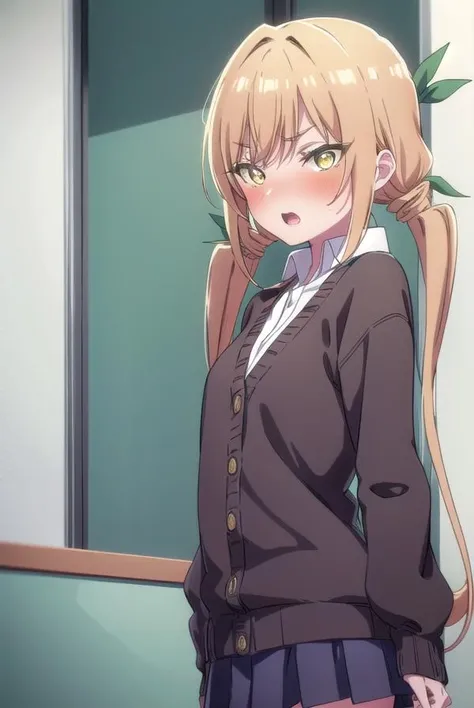 karaneinda, <lora:karaneinda-lora-nochekaiser:0.8>,
karane inda, blonde hair, (yellow eyes:1.5), hair ribbon, twintails, low twintails, long hair, (green ribbon:1.2), <lora:gekioko_v200:1>, open mouth, <lora:yudedako_noline_cheek_v100:1>, embarrassed,
BREAK skirt, shirt, school uniform, white shirt, pleated skirt, cardigan, white shirt, collar, black skirt, brown cardigan, long sleeves,
BREAK looking at viewer,
BREAK indoors, classroom, (cowboy shot:1.5),
BREAK <lyco:GoodHands-beta2:1>, (masterpiece:1.2), best quality, high resolution, unity 8k wallpaper, (illustration:0.8), (beautiful detailed eyes:1.6), extremely detailed face, perfect lighting, extremely detailed CG, (perfect hands, perfect anatomy),