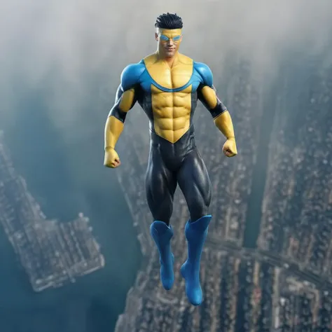 a muscular man, wears a yellow and blue costume, full body, flying over a city, detailed face, highly detailed, photography, ultra sharp, film, bokeh, professional, 4k <lora:Invincible_V2_-_SDXL:0.8>