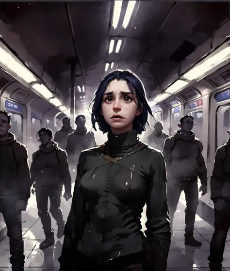 cinematic shot of a sad depressed woman standing in the metro, turtleneck sweater,  harbingers style <lora:Harbingers Style v1.1 SDXL :1>