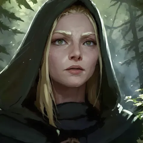 a girl wearing a hood in the forest, daylight, blonde hair, harbingers style, <lora:Harbingers Style v1.1 SDXL :1>