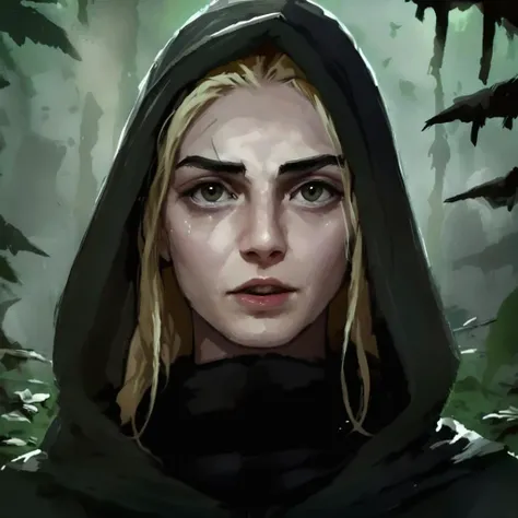 a girl wearing a hood in the forest, daylight, blonde hair, harbingers style, gothic,  <lora:Harbingers Style v1.1 SDXL :1>