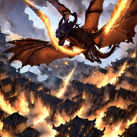 a dragon flying above the ancient city firing, harbingers style, <lora:Harbingers Style v1.1 SDXL :1>