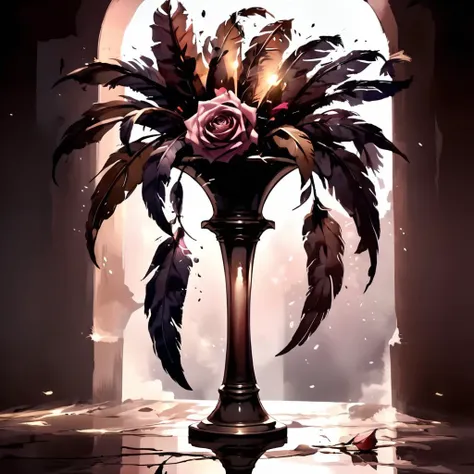 abstract modern , illumination product promotion render octan  close-up masterpeace random objects scene,  with  high contrast 4k, sharp, very detailed, high resolution
feathers fluid  art object vase column arch glassy rose shade, harbingers style <lora:Harbingers Style v1.1 SDXL :1>