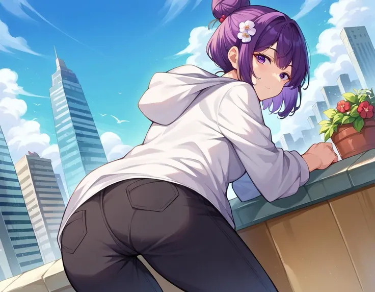 score_9, score_8_up, score_7_up, source_anime,
katsushikahokusai, <lora:katsushika-hokusai-ponyxl-lora-nochekaiser:1>
hokusai, bangs, purple eyes, purple hair, mature female,
short hair, hair ornament, flower, hair flower, hood, hair bun, single hair bun, long sleeves, jacket, pants, hood, official alternate costume, hoodie, black pants, hood down, casual, hooded jacket, white hoodie,
outdoors, cityscape, bent over,
looking at viewer, dutch angle, cowboy shot