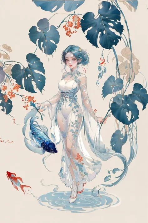 (geometric abstract background:1.4), esoteric, 1girl, (rim lighting, two tone lighting), depth of field, celestial, high ponytail, (fish-scales:1.3), giant koi fish, scaly dress, (mesh:1.2), fish tail, accessories, long sleeves, transcendence, (zentangle, mandala, tangle, entangle) (photorealistic:1.4), official art, unity 8k wallpaper, ultra detailed, beautiful and aesthetic, masterpiece,best quality, (dynamic angle:1.4), glowing skin, (floating colorful sparkles:1) the most beautiful form of chaos, elegant, a brutalist designed, romanticism, navel, thigh gap, (pastel eyes:1.1) staring downward, tights, stocking
Flat and Zen Chinese lllustration style <lora:Zenpainting l ç¦ææç»_v1.0:0.5> <lora:details:0.2> details <lora:AnzhcDreamwave v3_1 watermark fix:0.6>
