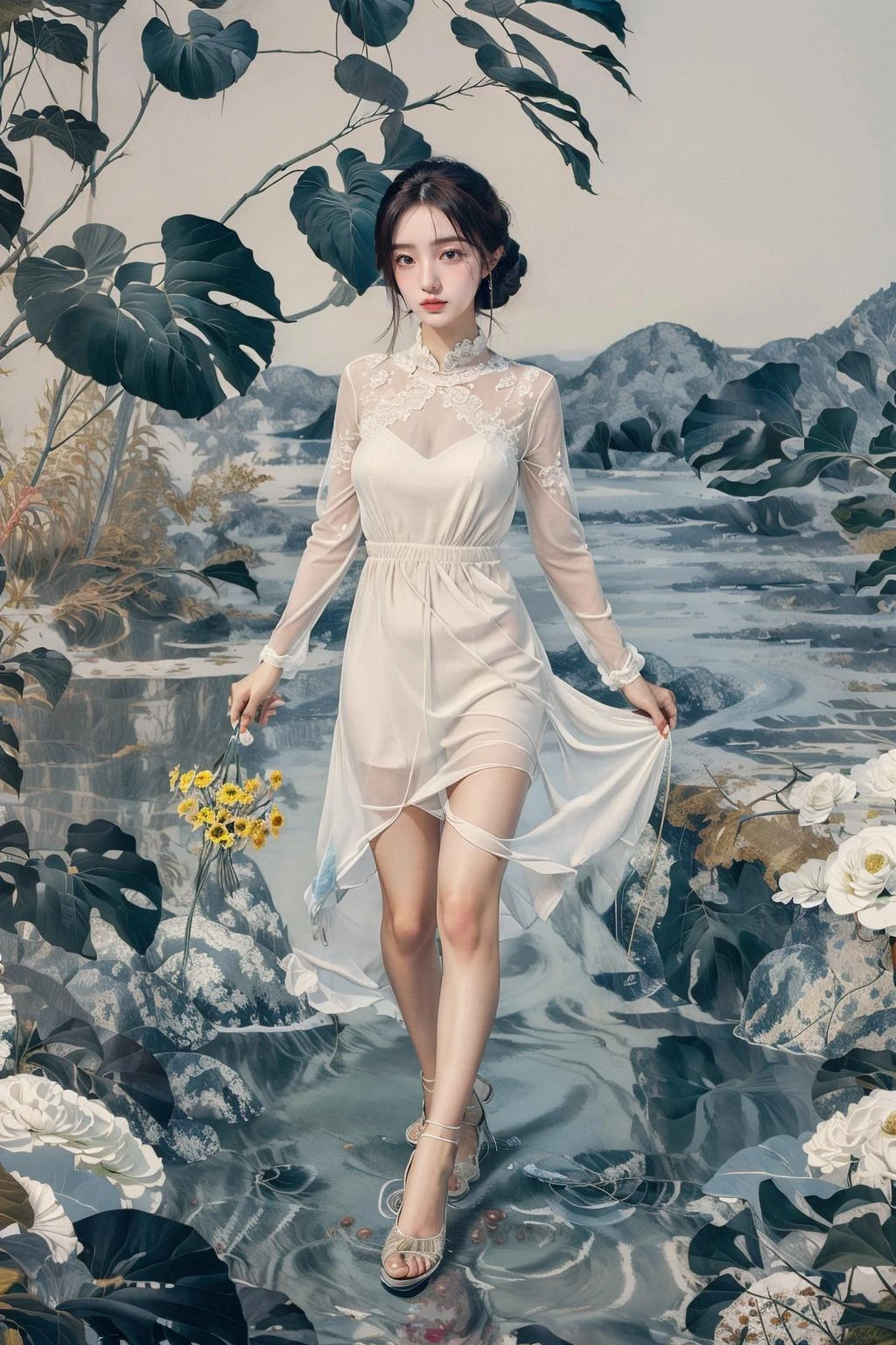 masterpiece,best quality,ultra-detailed,1girl,full body,forest,mountain,butterfly,rock,vase,yellow flowers,white dress,<lora:å½é£åºç»£:0.8>,