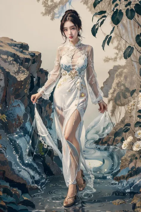 masterpiece,best quality,ultra-detailed,1girl,glass,white dress,full body,forest,mountain,<lora:md_20230908164736-000019:0.8>,butterfly,rock,vase,yellow flowers,