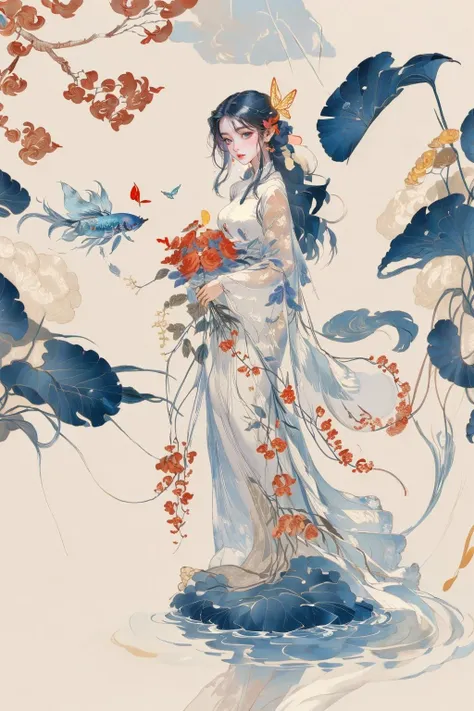 masterpiece,best quality,ultra-detailed,1girl,full body,forest,mountain,butterfly,rock,vase,yellow flowers,white dress,<lora:md_20230908164736-000019:0.8>,