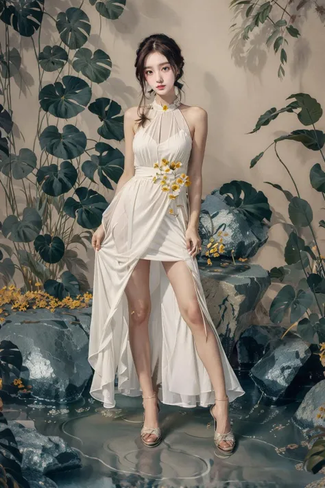 masterpiece,best quality,ultra-detailed,1girl,full body,forest,mountain,butterfly,rock,vase,yellow flowers,white dress,<lora:md_20230908164736-000019:0.7>,