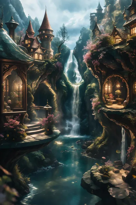 ((best quality)),absurdres,(ultra high res),octane render,(hyperrealistic:1.2), a glass jar with a waterfall inside of it, beautiful render of fairytale, fantasy cityscape, enchanted dreams, beautiful art, blurry background, (realistic:1.7), (8k), (Masterpiece),  (studio lighting),  <lora:diorama:0.77>