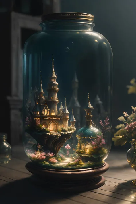 ((best quality)),absurdres,(ultra high res),octane render,(hyperrealistic:1.2), a glass jar with a lanscape inside of it, beautiful render of fairytale, fantasy cityscape, golden miniature, enchanted dreams, beautiful art, blurry background, (realistic:1.7), (8k), (Masterpiece), (studio lighting), <lora:diorama:0.77>