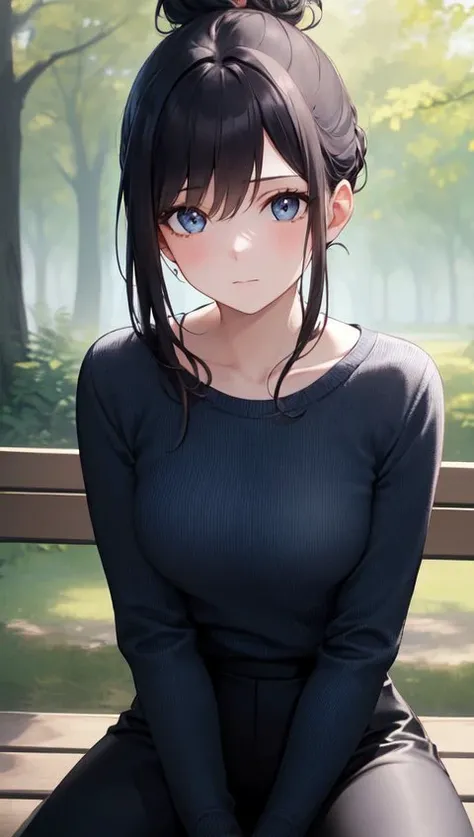 19::(( The girl is sitting on a bench in a quiet park, surrounded by tall trees and chirping birds. She is wearing a blue sweater and black leggings, with her hair styled in a messy bun. She has a thoughtful expression on her face, gazing into the distance. The camera is positioned at eye-level, capturing the peaceful atmosphere of the park.))((masterpiece)), (1girl, solo), masterpiece, best quality, high quality, absurdres, shiny skin, colorful, best quality, hyper detailed, beatlful detailed, reflective hair, good lighting, ray tracing, ultra-detailed, illustration,fine detail, extremely detailed, ((ultra-detailed)), (beautiful detailed girl), beautiful detailed glow, intricate detail, highres, an extremely delicate and beautiful, beautiful detailed eyes, hdr, rounded eyes, detailed facial features, (illustration), (beautiful detailed eyes)