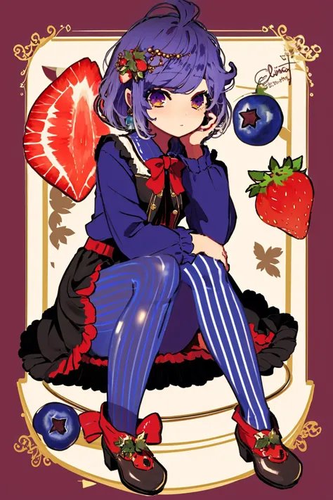 Pisces, 1girl, solo, striped, purple hair, pantyhose, vertical stripes, blueberry, ahoge, bow, food, jewelry, fruit, red footwear, food-themed hair ornament, hair ornament, looking at viewer, earrings, vertical-striped pantyhose, long sleeves, purple eyes, striped bow, shoes, striped pantyhose, strawberry, personification, berry, full body, dated, short hair, red bow, bangs, signature, hand on own face, dress, purple shirt, hand on own cheek, shirt<lora:Pisces:1>