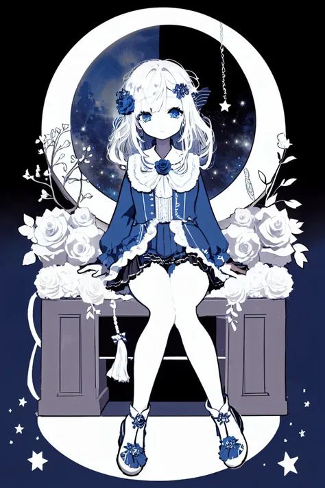 Pisces, 1girl, flower, solo, star (symbol), hair ornament, hair flower, rose, blue theme, ribbon, heart, sitting, bow, skirt, crescent moon, long sleeves, dress, full body, moon, frills, blue eyes, footwear bow, monochrome, shoes, medium hair, blue ribbon, white flower, pleated skirt, bangs, white rose, striped, blue flower, long hair, closed mouth, crescent, striped bow, looking at viewer, dress bow, jewelry<lora:Pisces:1>