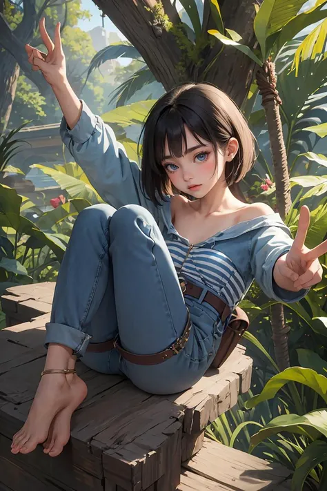 (masterpiece, best quality), female early twenties, dainty, native hawaiian, blue eyes, flat nose, cleft chin, angular jaw, heart face shape with pointed chin, graceful eyebrows, jaw, orchid
asymmetrical haircut hair, astonishment
wearing zebra stripes corduroy __bo/properties/color__
denim jumpsuit, keyhole top, climbing backpack ,,
, arms outstretched, inviting an embrace