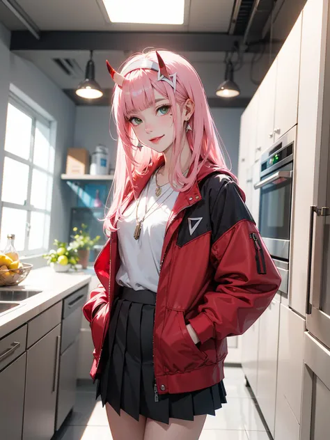 jewelry, skirt, solo, pleated_skirt, earrings, mole, bracelet, black_skirt, black_hair, necklace, hands_in_pockets, zero two \(darling in the franxx\), darling in the franxx, 1girl, ascot, bangs, green eyes, hairband, horns, long hair, long sleeves, looking at viewer, oni horns, pink hair, red horns, smile, solo, standing, uniform, white hairband, ((masterpiece)) <lora:zero_two_offset:0.7>, masterpiece, highres, (masterpiece:1.2), realistic, blurry background, looking at viewer, skin tight, best quality <lora:midjourney:0.6>, Bedroom, An open refrigerator, Cans, depth of field, blurry