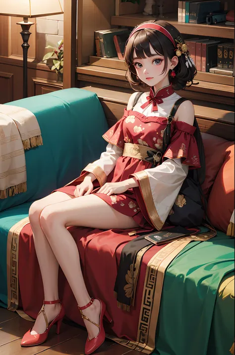 (Masterpiece: 1.1), (Best Quality, Ultra Resolution: 1.0), (8K Resolution: 1.2), (Photorealistic, Ultra Detail, Clear Focus 1:0), (Original Photo, Lighting: 1:1), BREAK detailed reflecting eyes by professional digital painting, beautiful pretty cute small face, BREAK 1girl, Chinoiserie long Dress, black Midi Frill Petticoat, Ribbon Bijoux hairband, Jacquard Separate Pumps