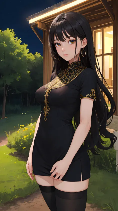 (absurdres), (intricate details), (extremely detailed), (looking at viewer), (masterpiece:1.2),(best quality:1.2),
(girl), (shiny skin:1.2), cinematic, (cowboy shot), medium breasts, outdoors, countryside, natural wavy, very long hair,
bang, (black_theme), curious face, black hair, (night:1.2),
(dress), standing,
short_sleeves, thighhighs,
earrings,