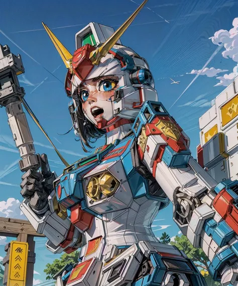 In a thrilling action-packed , a female robot with a mesmerizing robotic face and a curvaceous body floats effortlessly in the air, her glowing blue pupils shining brightly.highres, intricate detailed, masterpiece, human body ratio, HDR, wide shot, 8k resolution, detailed cg, (empty eyes:1.3), beautiful face, (delicate mechanical body:1.2), (blush:1.3), hovering, flying, profile view, (excited:1.2), ravishing, 3d render, detailed eyes and detailed face, 8k resolution, <lora:HCG6:0.5>, <lora:more_details:0.9>, reflective sheen, (hyper captain gundam:1.4), young face, (robotic face:1.3), (ð¤:1.3), aesthetic, sd gundam, (metallic texture:1.45), (robot girl:1.3), (curvy:1.2), fighting stance, (mature female:1.3), metal skin, wide-eyed, (hyper captain gundam(sd gundam force):1.4), 1other, mecha, (sd gundam force:1.3), (girlish face:0.9), (mechanical parts:1.2), (robot ears:1.4), (glowing armor:1.1), fucked eyes, (robot joints:1.3), robotization, robot neck, titanium, chrome metal, robotic reveal, polishing, (arm cannon:1.2), helmet, depth of field, ultra sharp focus, best illumination, official art, 3d, floating, airbrush, An ancient temple rises from the mist, its intricate architecture adorned with intricate carvings, offering a glimpse into a bygone era of spiritual reverence.