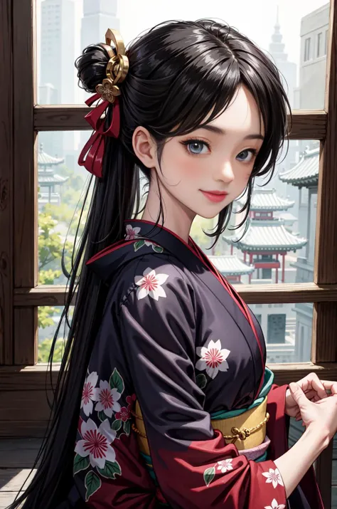 masterpiece, high quality, best quality, absurdres, highres, ultra detailed, (1girl), , smile, detailed background, ((detailed eyes, beautiful eyes )), black eye, shiny eyes, ((open eyes:0.8)), (colorful cloths:1.5, long hair:1.2, black hair:1.4), BREAK, ( waist shot, front shot, looking at viewer), perfect hands, <lyco:GoodHands-beta2:1.0>, BREAK, kimono, (colorful Kimono), stylish pose, (((in temple))), <lora:flat2:-0.5>