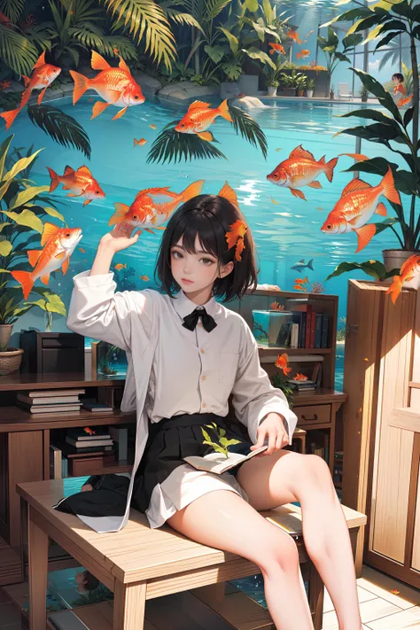 1girl, air_bubble, aquarium, autumn_leaves, black_hair, book, branch, bubble, fish, goldfish, indoors, lake, leaf, long_sleeves, looking_at_viewer, ocean, palm_tree, plant, pool, poolside, potted_plant, shirt, short_hair, sitting, skirt, solo, tree, underwater, water, white_shirt, fairy tale, from inside of a Coral Reef, at Midday, Simple illustration, Accent lighting, Albumen, beautiful, most beautiful artwork in the world, art by Albrecht Anker,art by Auguste Lefou, sitting on deskwhite clothe, white long-sleeved, white robe, wise man's clothes, palm goldfish, on palm big fish,