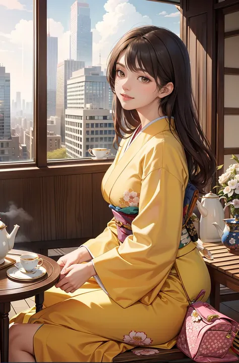 (masterpiece),(intricate details),a woman in a yellow kimono sitting on a window sill with a city view behind her and a cup of tea, Artgerm, anime art, a detailed painting, sots art, 1girl, architecture, black_hair, blue_sky, breasts, brown_eyes, brown_hair, BREAK,
building, chair, city, cityscape, cloud, cloudy_sky, tea, cup, drinking cup, teapod on table, day, east_asian_architecture, japanese_clothes,kimono, long_hair, looking_at_viewer, BREAK,
obi, orange_kimono, flower pattern, kimono, sash, saucer, sitting, sky, skyscraper, smile, solo, BREAK,
table, tea, teacup, teapot, teacup on palm, teapot on table, wide_sleeves, yellow_kimono, purse, white ,flower pattern, porch, (((pouch by side)))