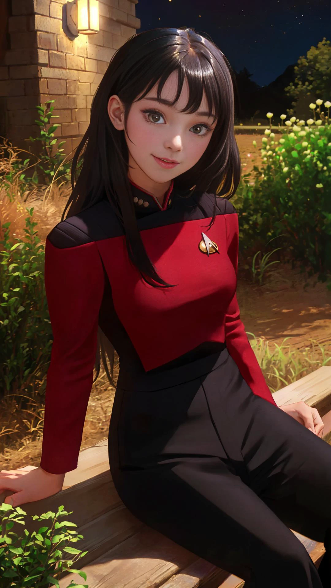 (absurdres), (intricate details), (extremely detailed), (looking at viewer), (masterpiece:1.2),(best quality:1.2),
(girl), (shiny skin:1.2), cinematic, (cowboy shot), medium breasts, outdoors, countryside, natural wavy, long hair,
bang, (black_theme), happy face, black hair, (night:1.2),
(s3stngunf red uniform with black pants), sitting,
<lora:STNGV3new:0.8>