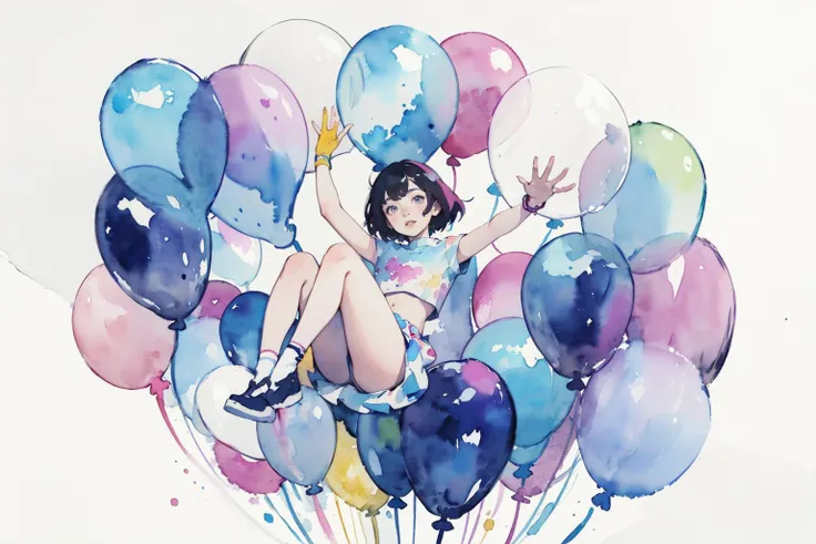 white background,(watercolor rendering:1.3),colorful patterns, flat colors, (high contrast within the same hue:1.3)
<lora:flat2:0.7> <lora:boldline2:0.3> <lora:nijiexp:0.3>, A girl floating in the air, supported by a cluster of colorful balloons.