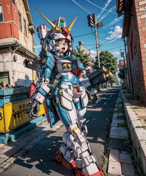 In a futuristic action , a female robot girl with a curvy, full body and a ravishing robotic face is flying through the air with glowing blue pupils.highres, intricate detailed, masterpiece, human body ratio, HDR, wide shot, 8k resolution, detailed cg, (empty eyes:1.3), beautiful face, (delicate mechanical body:1.2), (blush:1.3), hovering, flying, profile view, (excited:1.2), ravishing, 3d render, detailed eyes and detailed face, 8k resolution, <lora:HCG6:0.5>, <lora:more_details:0.9>, reflective sheen, (hyper captain gundam:1.4), young face, (robotic face:1.3), (ð¤:1.3), aesthetic, sd gundam, (metallic texture:1.45), (robot girl:1.3), (curvy:1.2), fighting stance, (mature female:1.3), metal skin, wide-eyed, (hyper captain gundam(sd gundam force):1.4), 1other, mecha, (sd gundam force:1.3), (girlish face:0.9), (mechanical parts:1.2), (robot ears:1.4), (glowing armor:1.1), fucked eyes, (robot joints:1.3), robotization, robot neck, titanium, chrome metal, robotic reveal, polishing, (arm cannon:1.2), helmet, depth of field, ultra sharp focus, best illumination, official art, 3d, floating, airbrush, Urban streets come alive with a kaleidoscope of street art, where vibrant murals adorn walls, adding a splash of color to the bustling cityscape.