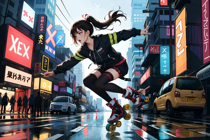 ( masterpiece, best quality, )1girl, black_hair, black_legwear, building, car, city, ground_vehicle, hood, hoodie, jacket, long_hair, long_sleeves, motor_vehicle, open_mouth, outdoors, outstretched_arm, ponytail, road_sign, shoes, shorts, sign, sneakers, solo, thighhighs, , break, roller blades, inline skates,
