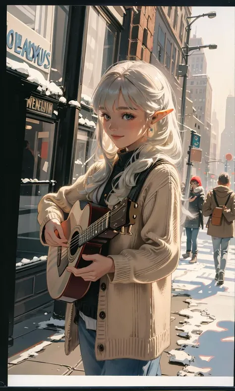 the elven snow princess playing accoustic guitar on the streets of Manhattan, front of crowd, New York, realistic, facing viewer, candid Polaroid photo, film grain, oversized royal cardigan, casual, warm lighting, cozy, dutch angle, (smile:0.7) <lora:light and shadow art:0.25> heibaidiao, silhouette, light and shadow, <lora:CL-EnvyElf01:0.5> elf <lora:AMB-Pastlight:0.85> PASTLIGHT