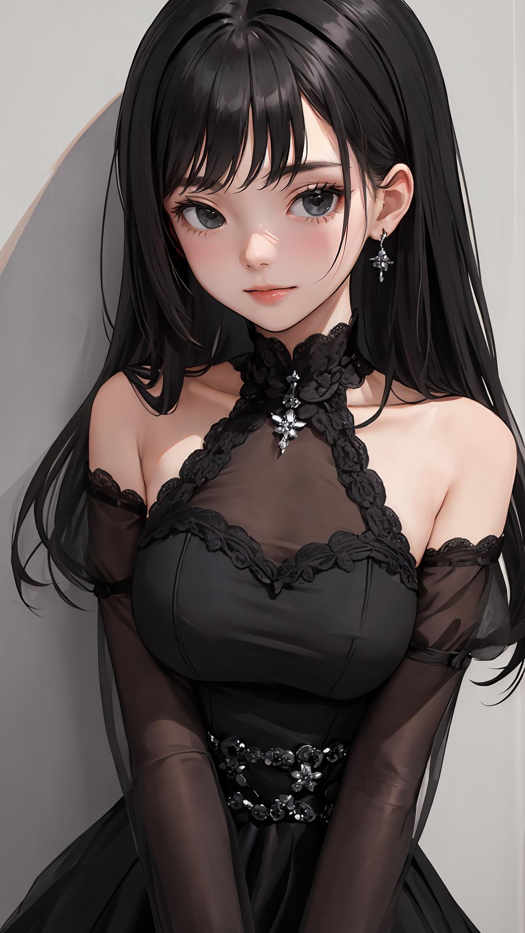 Anime girl in black dress with long black hair and black gloves - SeaArt AI