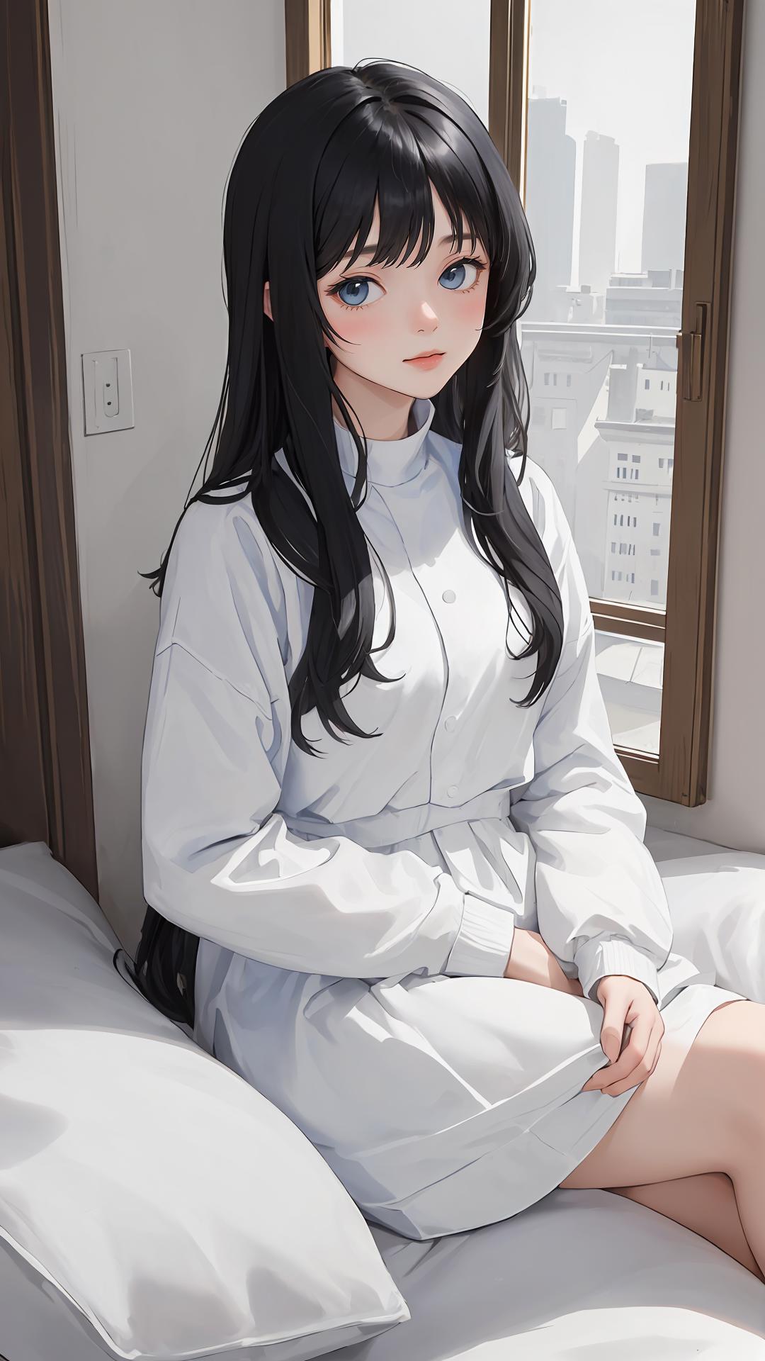 Anime girl sitting on a bed with a city view in the background - SeaArt AI
