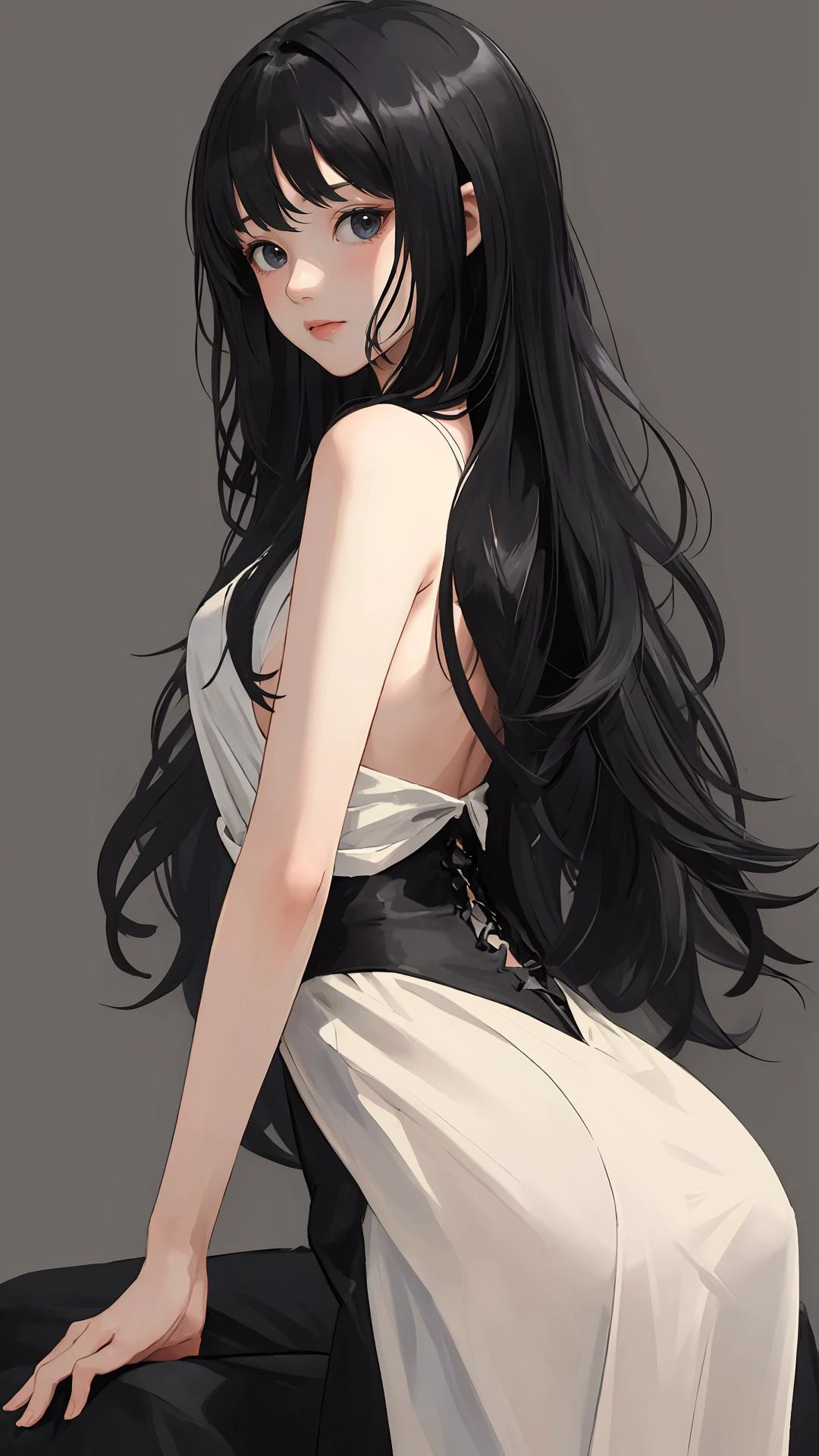 (masterpiece, best quality:1.4), looking at viewer,
(wavy hair:0.8), long hair, black hair, black theme,