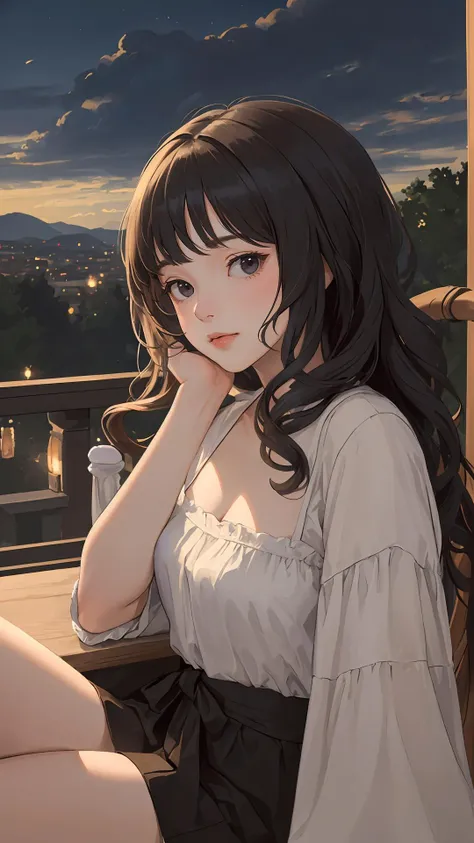 (masterpiece, best quality:1.4), 1girl, upper body, looking at viewer, sitting, wavy hair, long hair, cloudy sky, {day|night},