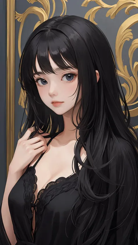 (masterpiece, best quality:1.4), looking at viewer,
(wavy hair:0.8), long hair, black hair, black theme,