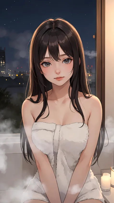 (masterpiece, best quality:1.4), 1girl, looking at viewer,
(wavy hair:0.8), long hair,
(on front), on bath, naked towel, fog, steam,
{upper body|cowboy shot},
{night|morning|dawn},
{indoors|outdoors},
{sitting|standing|ground},