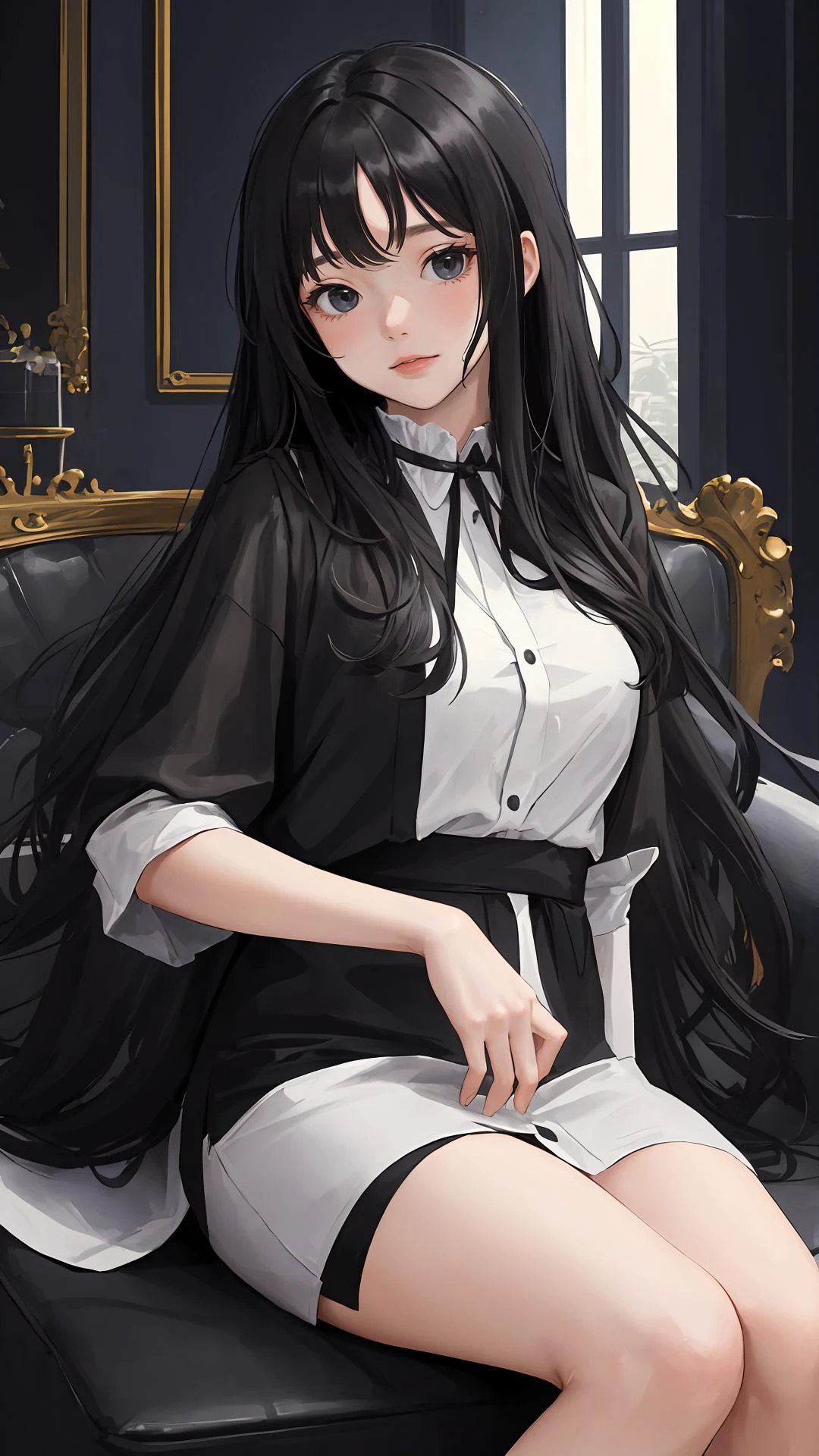 (masterpiece, best quality:1.4), looking at viewer,
(wavy hair:0.8), long hair, black hair, black theme,