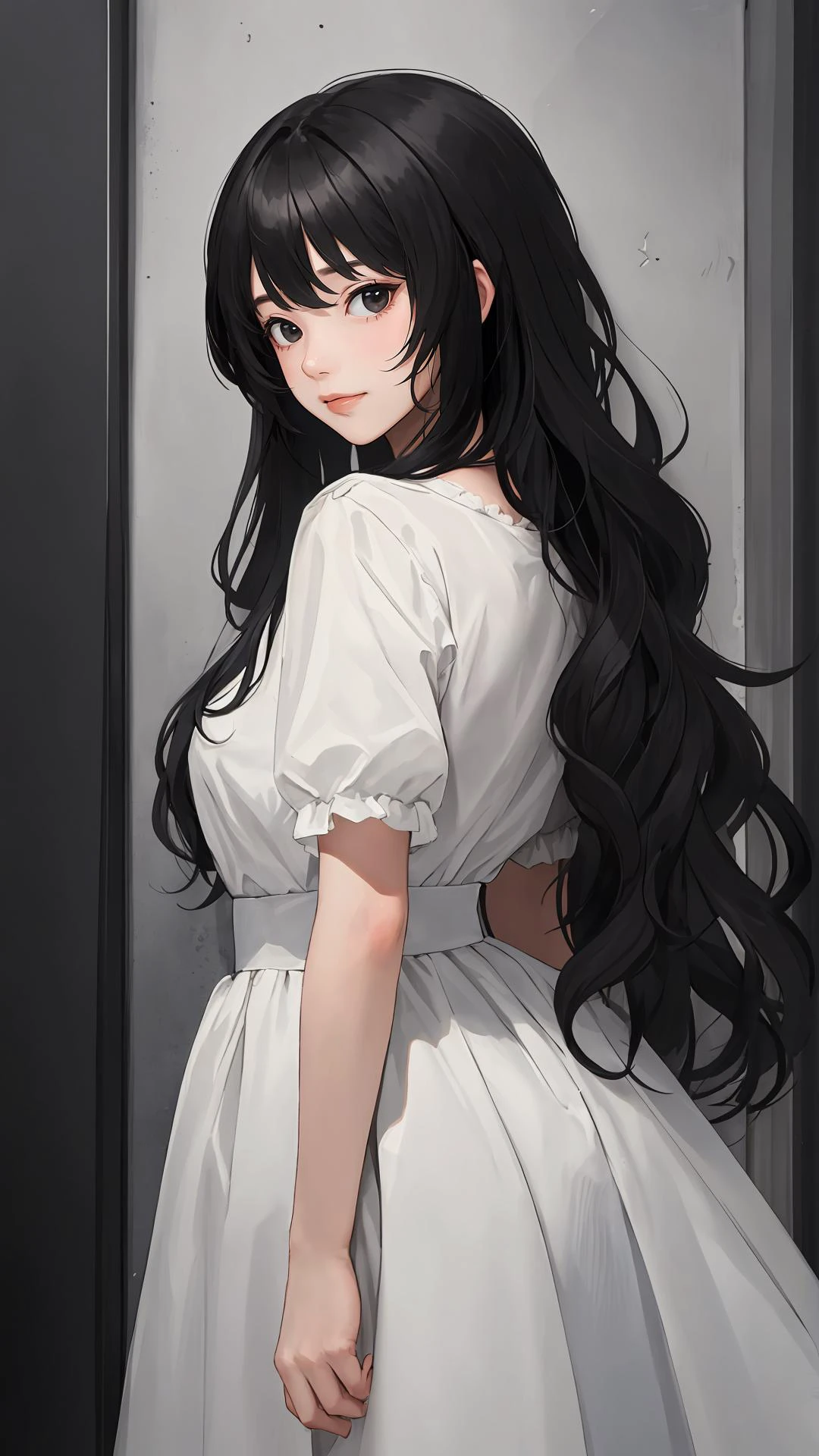 (masterpiece, best quality:1.4), looking at viewer,
(wavy hair:0.8), long hair, black hair, black theme,