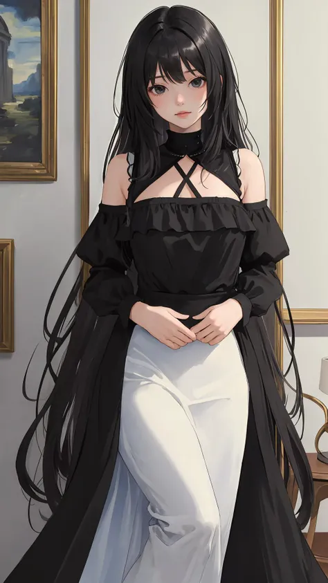 (masterpiece, best quality:1.4), looking at viewer,
(wavy hair:0.8), long hair, black hair, black theme,